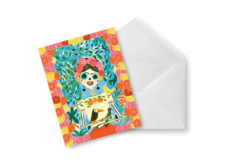 Tarjeta Frida en su jardín (Día de muertos)